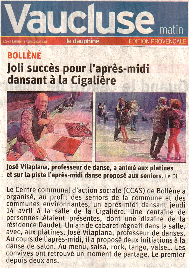 Vaucluse matin; Cours de danse ; stages ; DJ animation ; compétition ; Pierrelatte ; Montélimar ; Viviers ; Bollène ; Pont saint esprit ; Donzère ; Saint paul trois chateaux ; Drôme ; Ardèche ;