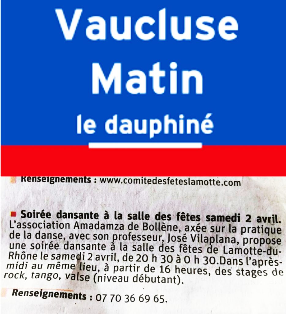 Vaucluse matin; Cours de danse ; stages ; DJ animation ; compétition ; Pierrelatte ; Montélimar ; Viviers ; Bollène ; Pont saint esprit ; Donzère ; Saint paul trois chateaux ; Drôme ; Ardèche ;
