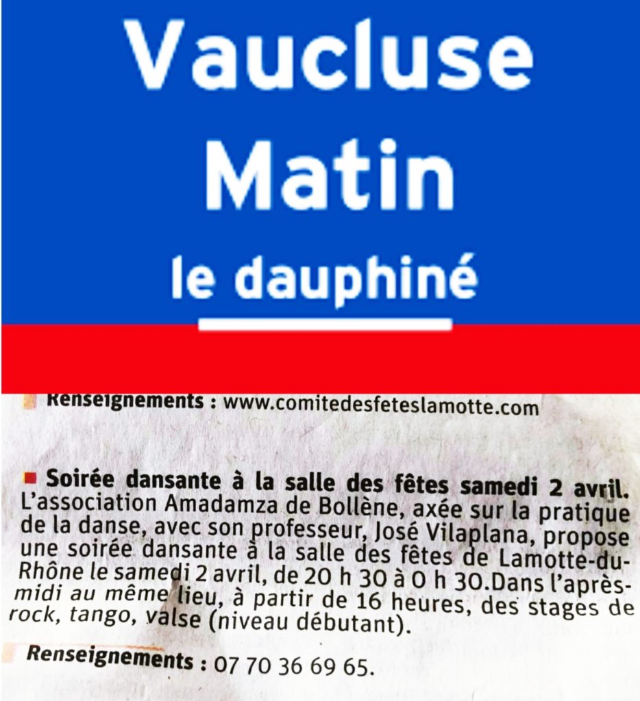 Vaucluse matin; Cours de danse ; stages ; DJ animation ; compétition ; Pierrelatte ; Montélimar ; Viviers ; Bollène ; Pont saint esprit ; Donzère ; Saint paul trois chateaux ; Drôme ; Ardèche ; 