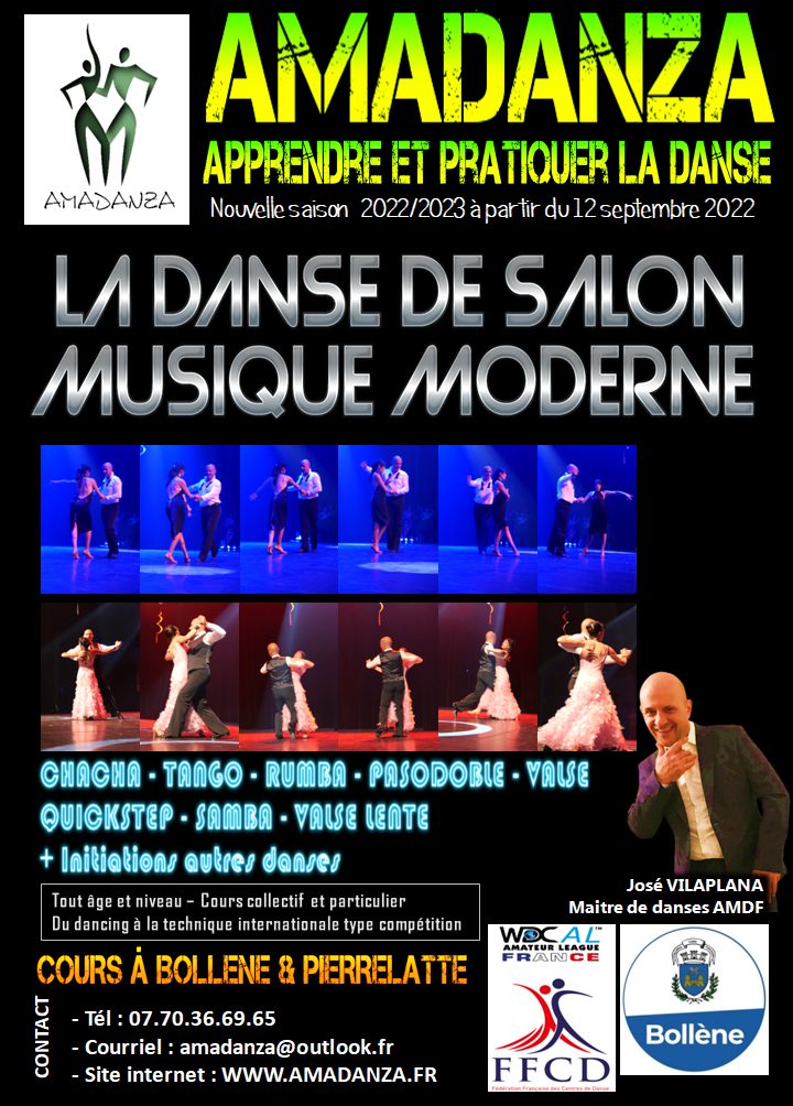 Cours de danse ; stages ; DJ animation ; compétition ; Pierrelatte ; Montélimar ; Viviers ; Bollène ; Pont saint esprit ; Donzère ; Saint paul trois chateaux ; Drôme ; Ardèche ; Gard ; Vaucluse ; Danses de société ; danses de salon ; latino ; latines ; salsa ; bachata ; kizomba ; valse ; musette ; rock.