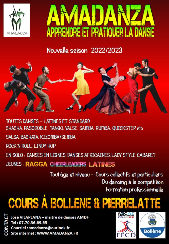 Cours de danse ; stages ; DJ animation ; compétition ; Pierrelatte ; Montélimar ; Viviers ; Bollène ; Pont saint esprit ; Donzère ; Saint paul trois chateaux ; Drôme ; Ardèche ; Gard ; Vaucluse ; Danses de société ; danses de salon ; latino ; latines ; salsa ; bachata ; kizomba ; valse ; musette ; rock.