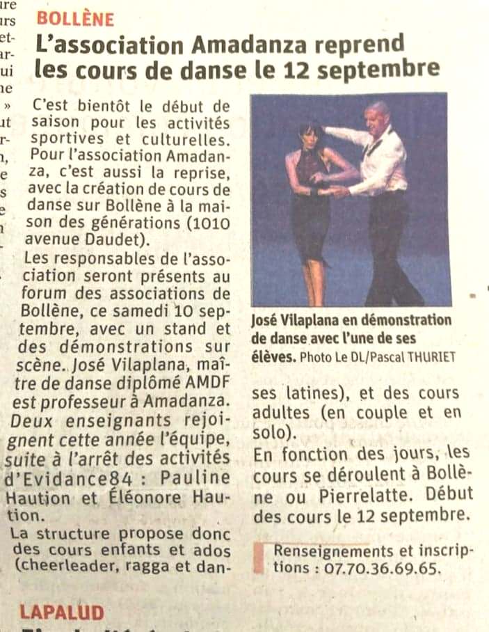 Vaucluse matin; Cours de danse ; stages ; DJ animation ; compétition ; Pierrelatte ; Montélimar ; Viviers ; Bollène ; Pont saint esprit ; Donzère ; Saint paul trois chateaux ; Drôme ; Ardèche ;