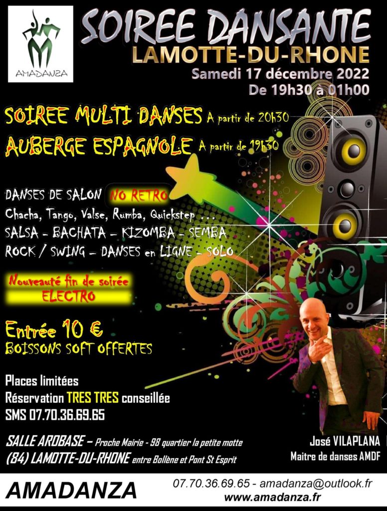 Cours de danse ; stages ; DJ animation ; compétition ; Pierrelatte ; Montélimar ; Viviers ; Bollène ; Pont saint esprit ; Donzère ; Saint paul trois chateaux ; Drôme ; Ardèche ; Gard ; Vaucluse ; Danses de société ; danses de salon ; latino ; latines ; salsa ; bachata ; kizomba ; valse ; musette ; rock.