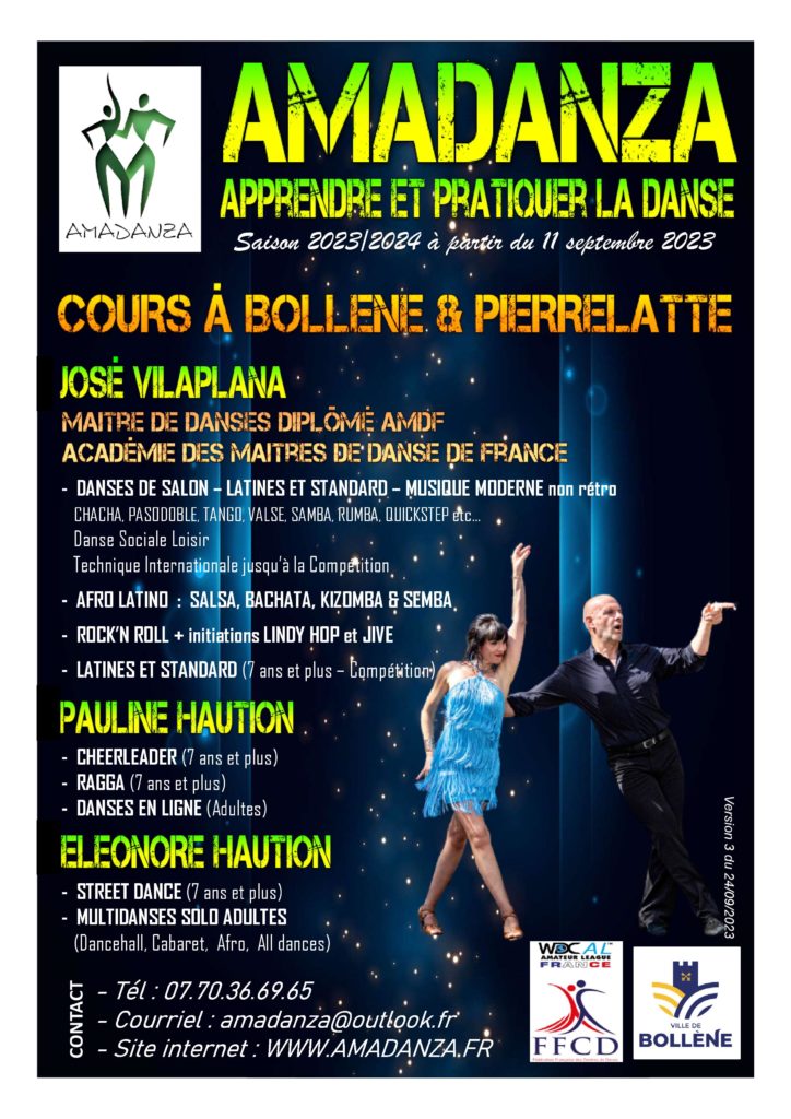 Cours de danse ; stages ; DJ animation ; compétition ; Pierrelatte ; Montélimar ; Viviers ; Bollène ; Pont saint esprit ; Donzère ; Saint paul trois chateaux ; Drôme ; Ardèche ; Gard ; Vaucluse ; Danses de société ; danses de salon ; latino ; latines ; salsa ; bachata ; kizomba ; valse ; musette ; rock.