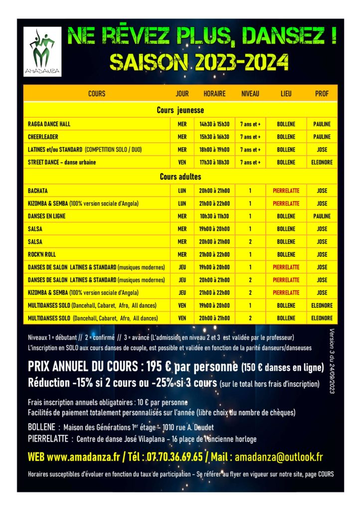 Cours de danse ; stages ; DJ animation ; compétition ; Pierrelatte ; Montélimar ; Viviers ; Bollène ; Pont saint esprit ; Donzère ; Saint paul trois chateaux ; Drôme ; Ardèche ; Gard ; Vaucluse ; Danses de société ; danses de salon ; latino ; latines ; salsa ; bachata ; kizomba ; valse ; musette ; rock.