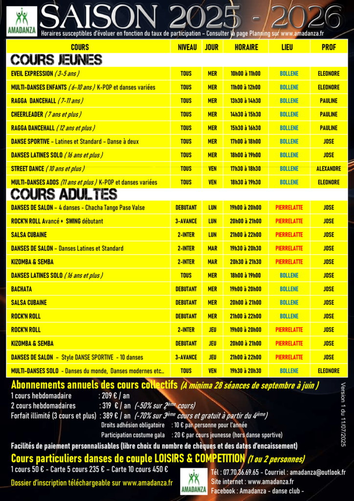planning horaires dans pierrelatte bollène amadanza salsa bachata jazz